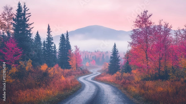 Fototapeta A winding road through vibrant autumn trees with a misty mountain backdrop, capturing the serene beauty of nature.