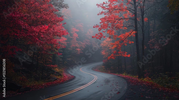 Fototapeta A winding road through a misty forest, adorned with vibrant red foliage, creating a serene and picturesque autumn landscape.