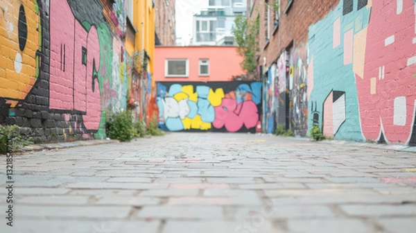 Fototapeta A vibrant alleyway adorned with colorful graffiti murals, showcasing urban art against a backdrop of brick walls and cobblestone pavement.