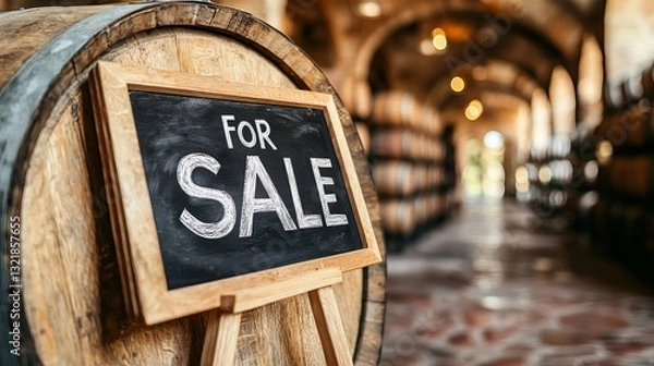 Fototapeta A rustic 'For Sale' sign framed by wooden barrels in a warm, inviting setting.