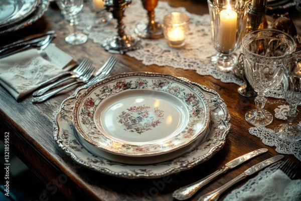 Fototapeta A vintage table setting with ornate china plates, silver cutlery, and crystal glassware, enhanced by soft golden candlelight and lace napkins, creating an elegant, timeless atmosphere