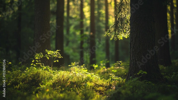 Fototapeta Warm Sunlight Filters Through Trees in a Serene Forest Setting With Soft Focus Edges