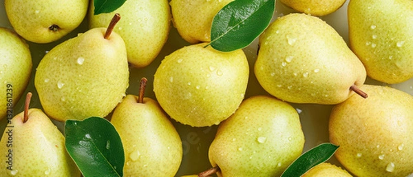 Fototapeta Fresh Pears With Water Droplets on a Light Background Showcasing Their Vibrant Texture pattern and Natural Colors