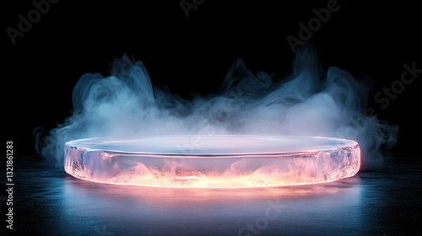 Fototapeta Captivating Round Ice Plate  podium With Soft Neon Light and Smoke Effect in a Dark Setting