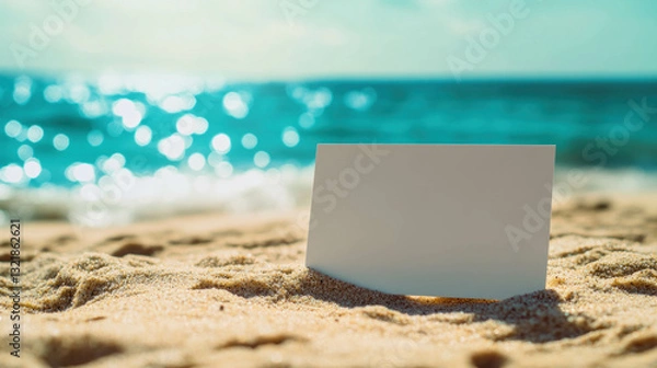 Fototapeta mock up Bright and Sunny Beach With a Blank Postcard Resting on Warm Sand by the Sea