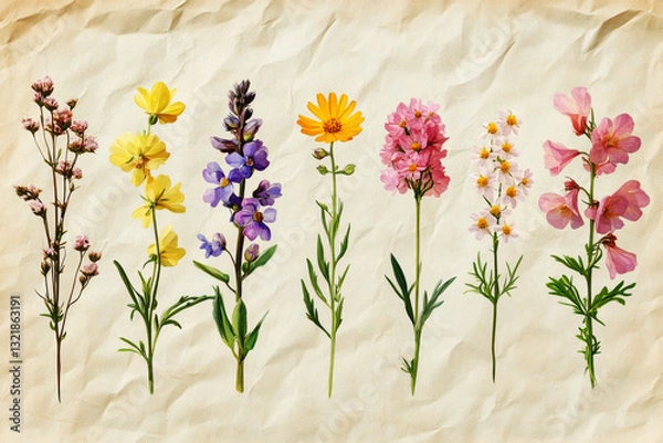 Fototapeta A botanical Herbarium illustration featuring Common Heather, Cowslip, Oxeye Daisy, Wild Thyme, Fireweed and Lupine, isolated on an old paper background with soft pastel muted colors, evoking a natural