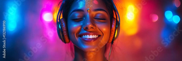 Fototapeta High-tech style Indian girl with headphones, vibrant neon background, concept of music or online learning, ideal for modern mock-up, banner