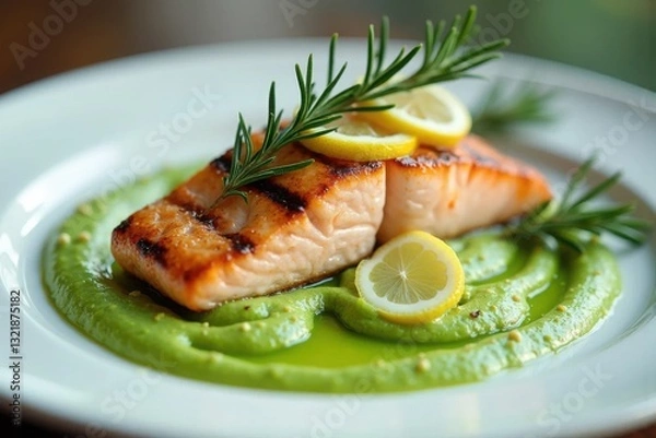 Obraz Grilled salmon with lemon and rosemary served on vibrant green puree at a fine dining restaurant