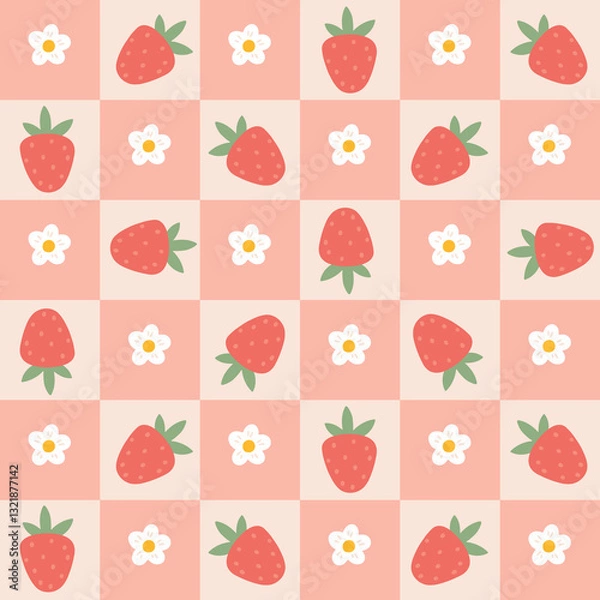 Fototapeta Preppy flirty strawberry with flower in frame seamless pattern on a cell background. Vector cute cartoon hand-drawn illustration. Tartan check for textile, baby clothes, wallpaper, scrubbing.
