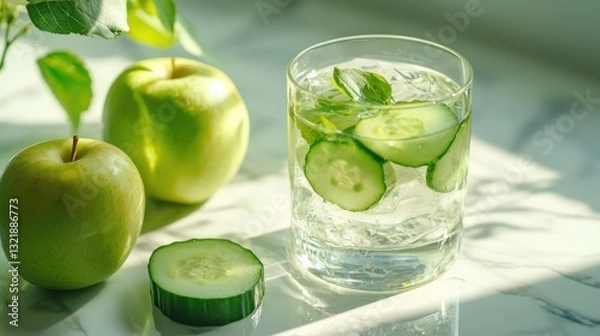 Fototapeta Green apple and a glass of cucumber and apple juice set on a marble surface. simple and clean, this image conveys healthy eating and minimalist food presentation. vibrant food items like the fresh app
