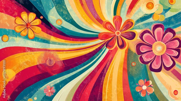 Obraz Retro psychedelic posters. Abstract 1970s hippie collage banner, colorful 70s banners with floral geometric shapes. Vector acid hippie flyer collection of psychedelic poster and card illustration