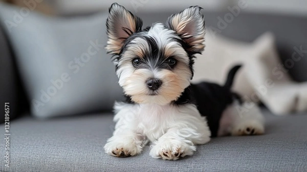 Fototapeta Adorable Puppy with Fluffy Ears Relaxing on a Couch in a Cozy Living Room Setting