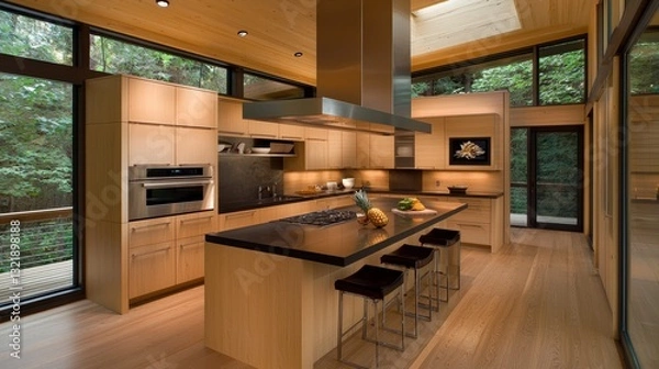 Obraz Modern Light Wood Kitchen with Dark Countertops and Forest View