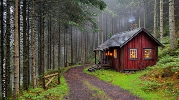 Obraz Rustic Red Cabin In Misty Forest