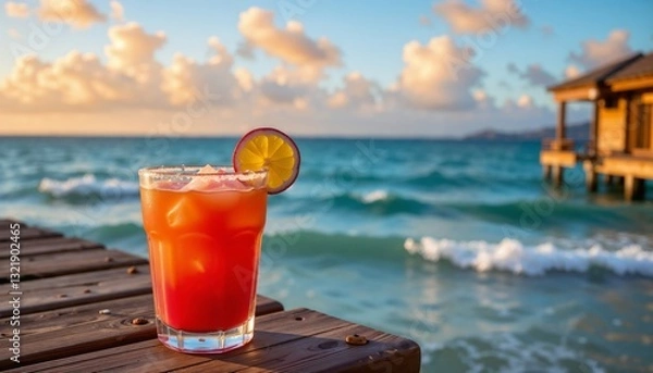 Fototapeta Bright red-orange cocktail with lime slice, on wooden deck by ocean, with low sun and clear sky, symbolizing a relaxed beach vibe and sunset drink.