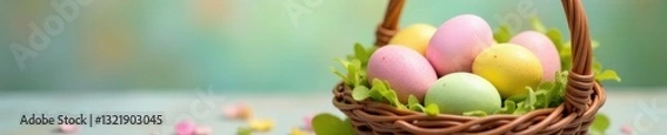 Fototapeta Tiny pastel eggs in a basket, vibrant spring colors, colorful eggs, food, chick