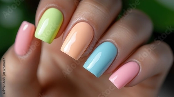 Obraz A close-up of a hand with colorful pastel nail polish in shades of pink, green, orange, and blue.