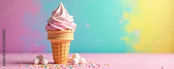 Fototapeta Pastel rainbow backdrop, ice cream cone, marshmallows, sprinkles, image, card, photo
