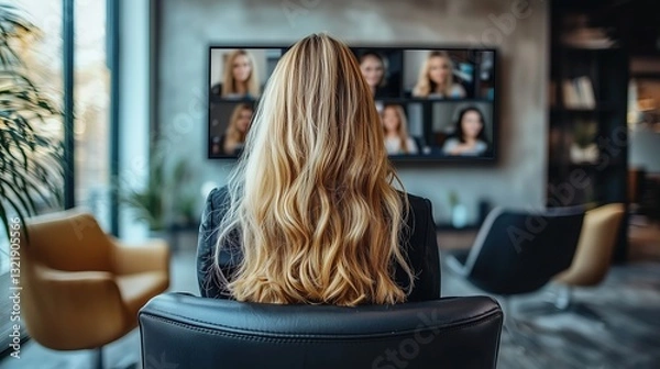Fototapeta A woman with long blonde hair sitting in front of a screen displaying multiple faces during a video call.