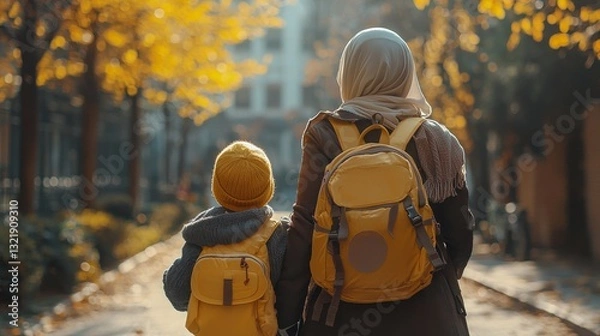 Fototapeta Autumn day: A mother with hijab and child walking to school together