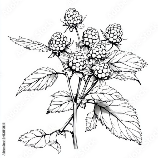 Obraz Detailed Line Drawing of Raspberries on Branch