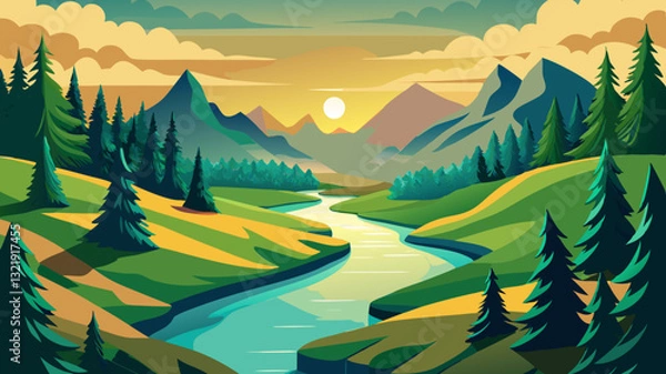 Fototapeta peaceful river winding through a dense green forest, reflecting the golden hues of sunrise.