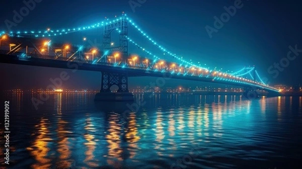 Fototapeta Illuminated Bridge Over Water at Night with City Lights Reflection