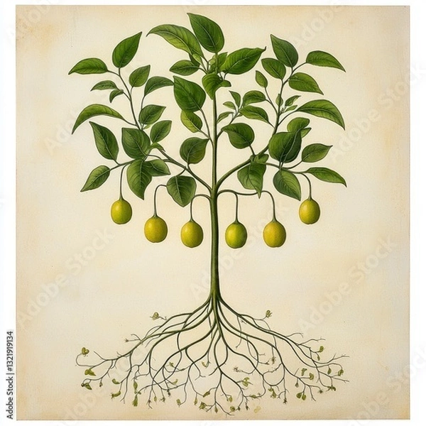 Obraz Detailed Botanical Illustration of a Tree with Yellow Green Fruits and Intricate Roots