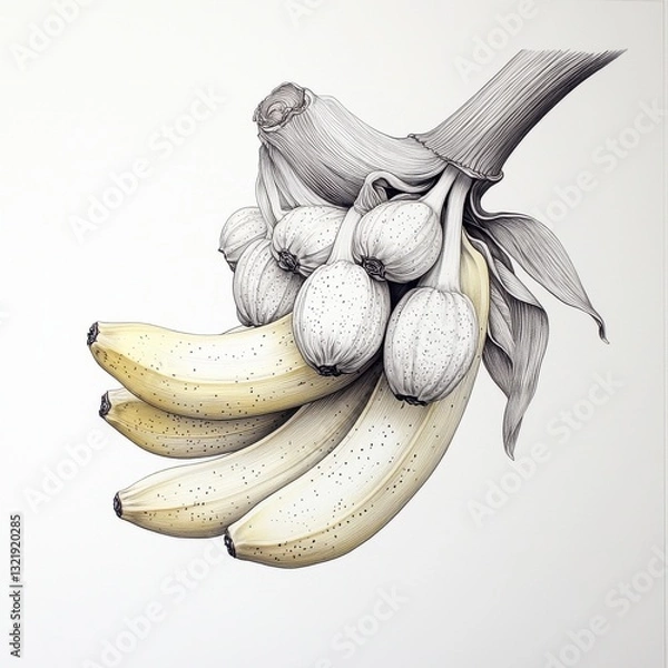 Obraz Pen and Ink Drawing of Bananas and Round Fruits on Branch