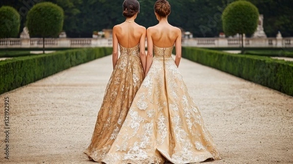 Obraz Two Women in Embroidered Champagne Gowns Walk in Formal Garden