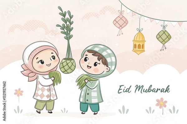 Fototapeta Cute children sharing Ketupat during Eid celebration