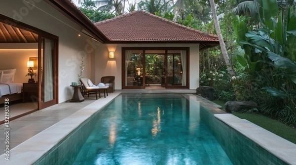 Obraz A pool with a house in the background. The pool is surrounded by a lush green garden. The house has a large open space with a balcony overlooking the pool