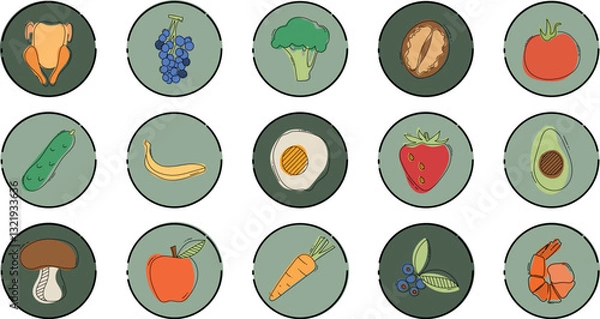 Obraz healthy food icons in thin line style on white background. Suitable for applications also for kitchen design