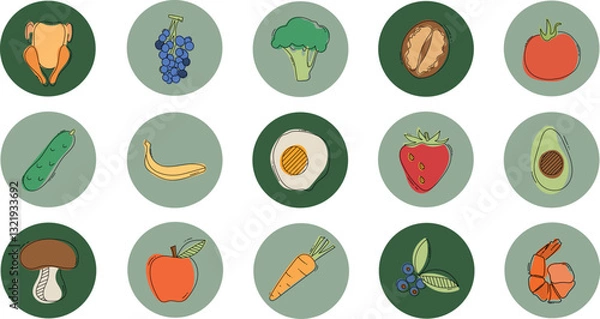 Obraz healthy food icons in thin line style on white background. Suitable for applications also for kitchen design