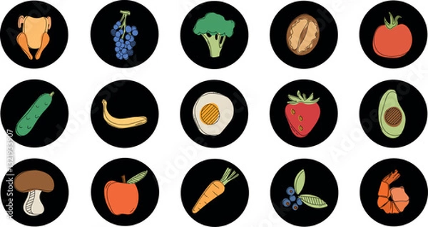 Obraz healthy food icons in thin line style on white background. Suitable for applications also for kitchen design