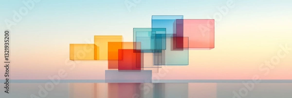 Fototapeta A visionary 3D illustration of colorful geometric blocks gently floating, smoothly reflecting