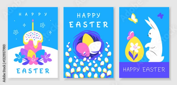 Obraz Happy Easter greeting card with white rabbit and flowers on blue background. Bright design template poster with handwritten lettering. Vector illustration in modern art minimalist style.