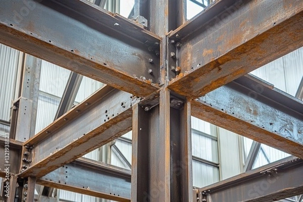 Fototapeta Industrial steel beam structure with rust and bolts in construction framework