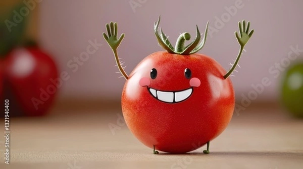 Fototapeta Whimsical Tomato Character with Expressive Face and Curious Ant Companion