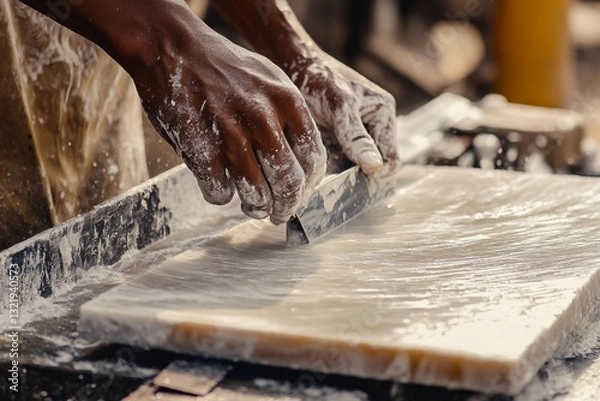 Fototapeta African male artisan crafting soap with precision and skillful techniques