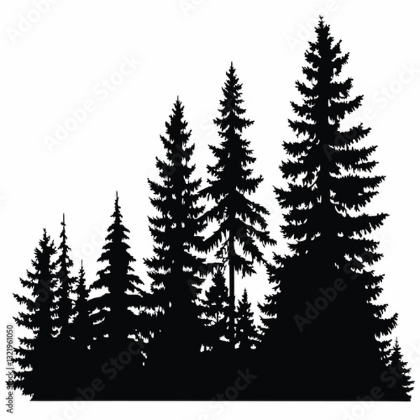 Fototapeta Fir trees silhouettes, Coniferous spruce horizontal background patterns, black evergreen woods vector illustration. Beautiful hand drawn panorama with treetops forest, forest silhouette