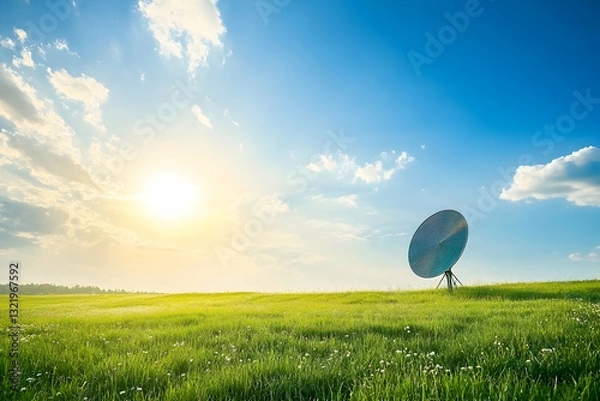 Fototapeta Large satellite dish radar antenna positioned in an open field against a bright sky, symbolizing communication and technology
