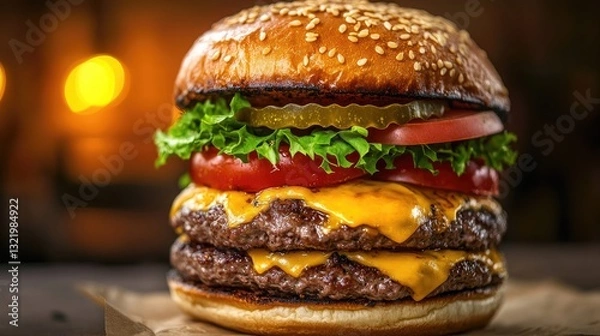 Fototapeta Ultimate cheeseburger stacked high with layers of beef, cheddar cheese, crisp lettuce, tomato, and sesame bun, glowing under soft light.