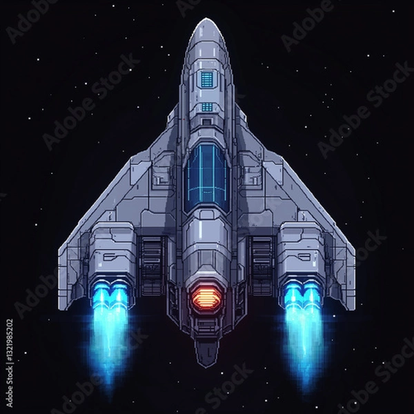 Fototapeta Pixel-Art Futuristic Spaceship in Deep Space