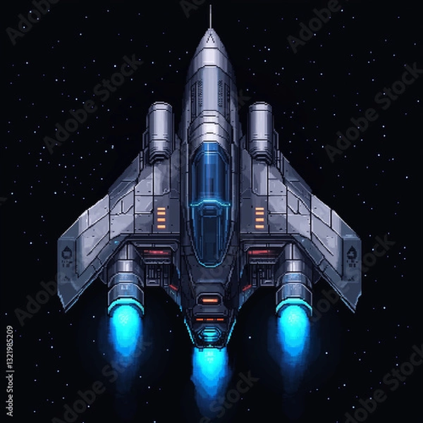Obraz Pixel-Art Futuristic Spaceship in Deep Space