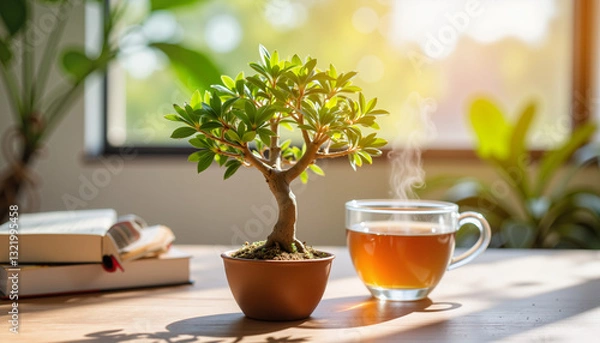 Fototapeta Miniature bonsai tree with steaming tea on wooden table, peaceful relaxation