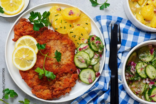 Obraz Traditional Viennese schnitzel on a plate with cucumber and potato salad.selective focus
