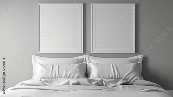 Fototapeta Mockup of two empty frames, modern design, mockup to advertise pictures, bedroom	