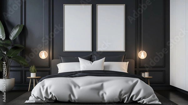 Fototapeta Mockup of two empty frames, modern design, mockup to advertise pictures, bedroom	