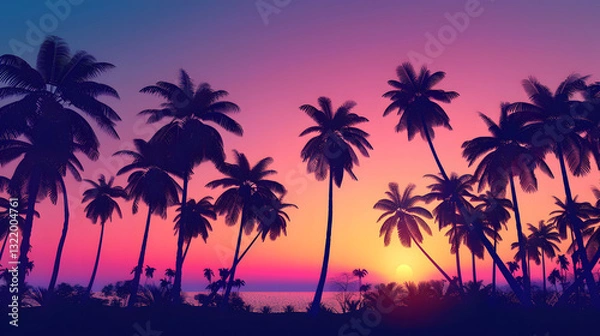 Fototapeta A beautiful sunset over the ocean with palm trees in the background